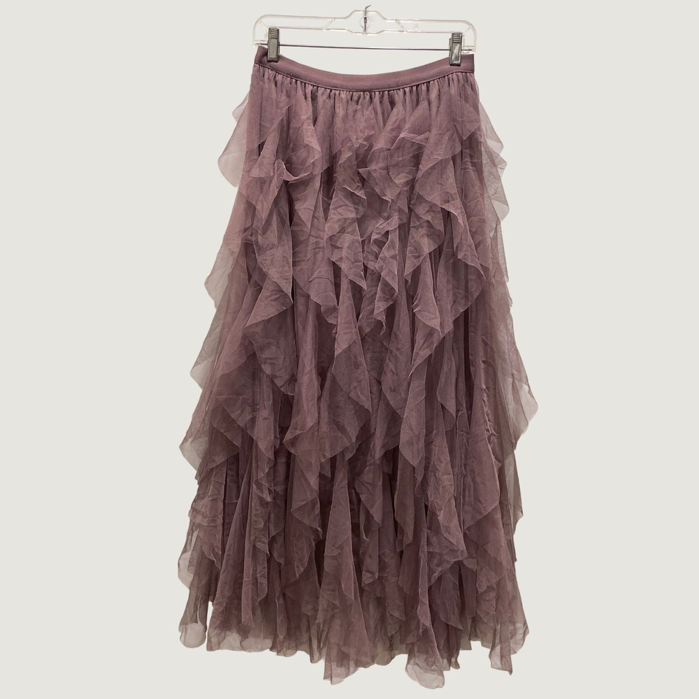 Womens Tiered Ruffle Tulle Maxi Skirt Fairy Whimsical Coquette Boho L Mauve